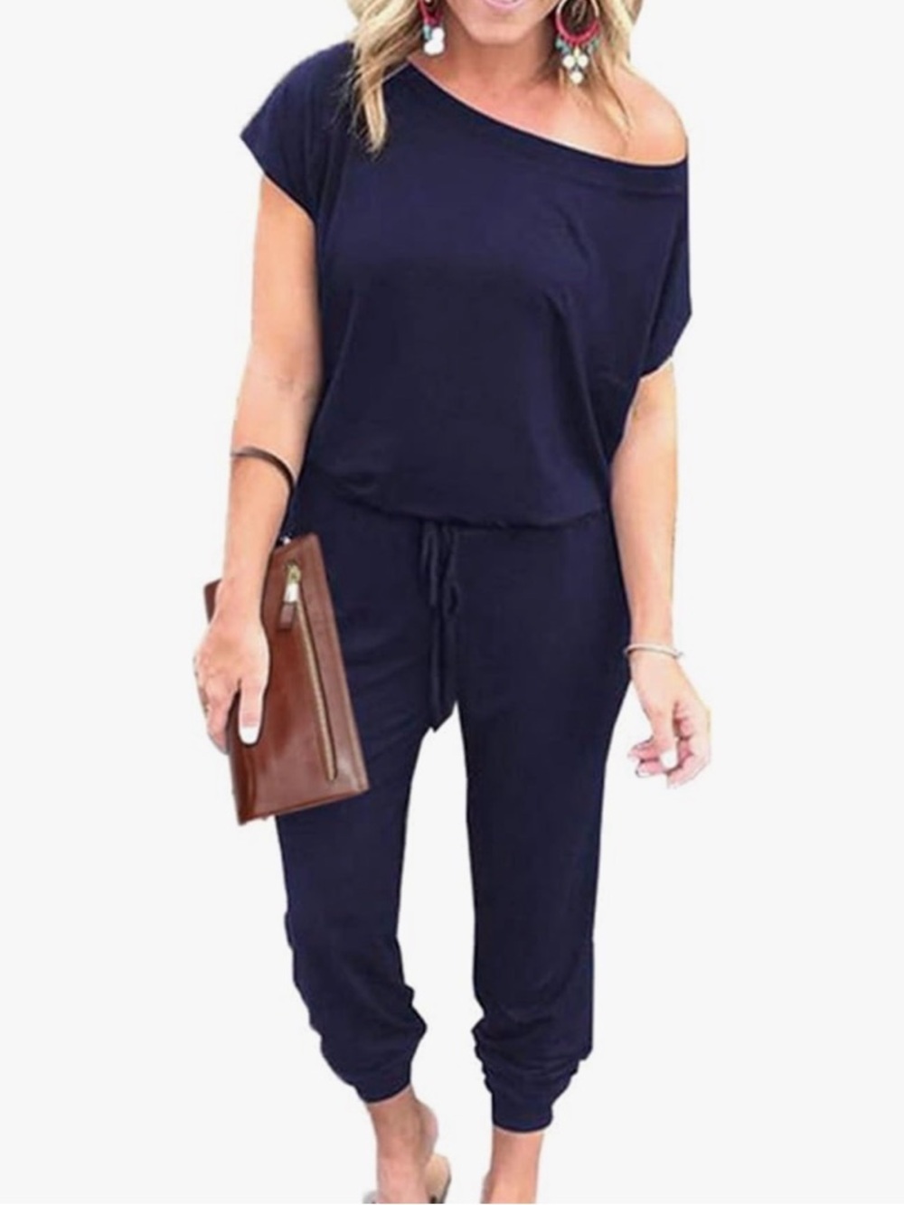 Off-Shoulder Navy Drawstring Jumpsuit